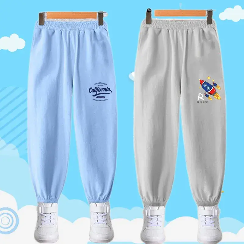 2pcs/Set Summer boys New Harlan Pants Letter Print Trousers Children Fashion Versatile Pants Thin Cotton Mosquito Proof Pants