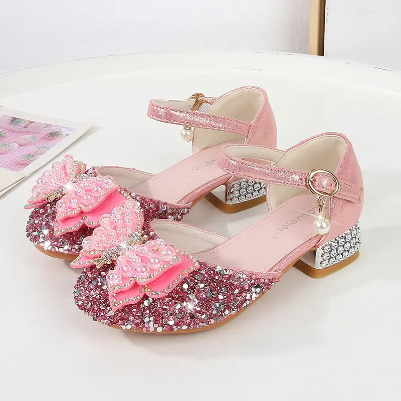 Girls' High Heels Fashion Pearl Bow Children's Princess Shoes Summer Girls' Crystal Sandals Silver Performance Shoes