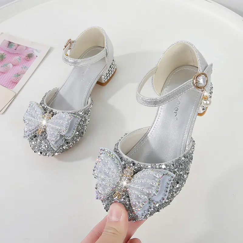 Girls' High Heels Fashion Pearl Bow Children's Princess Shoes Summer Girls' Crystal Sandals Silver Performance Shoes