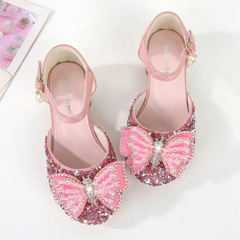 Girls' High Heels Fashion Pearl Bow Children's Princess Shoes Summer Girls' Crystal Sandals Silver Performance Shoes