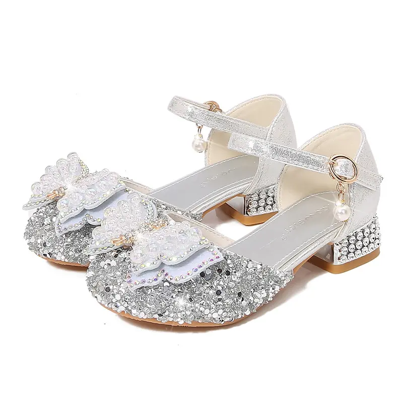 Girls' High Heels Fashion Pearl Bow Children's Princess Shoes Summer Girls' Crystal Sandals Silver Performance Shoes