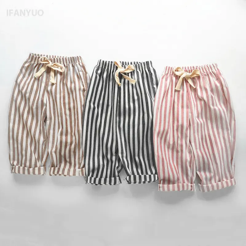 2-7Y Children's Cotton Linen Striped Pants 2025 Summer Autumn New Baby Boys Girls Loose Pant Korean Kids Casual Breathable Pants