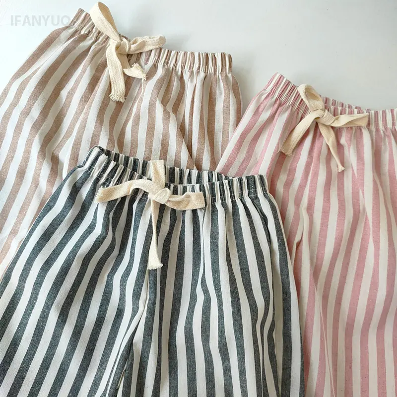 2-7Y Children's Cotton Linen Striped Pants 2025 Summer Autumn New Baby Boys Girls Loose Pant Korean Kids Casual Breathable Pants