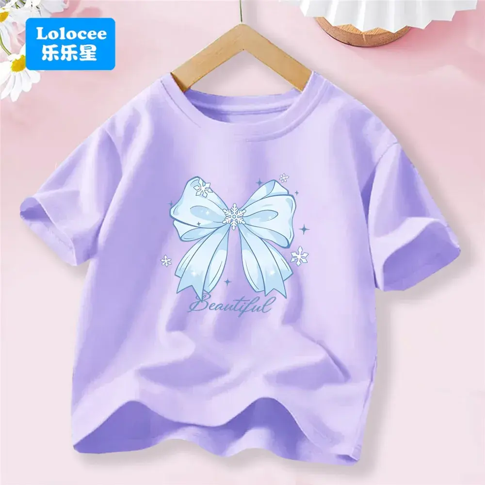 Girls' New Summer Korean Style Short Sleeve T-shirt Trendy Cute Bowknot Tee for Girls, Sweet Top for Toddlers and Young Girls