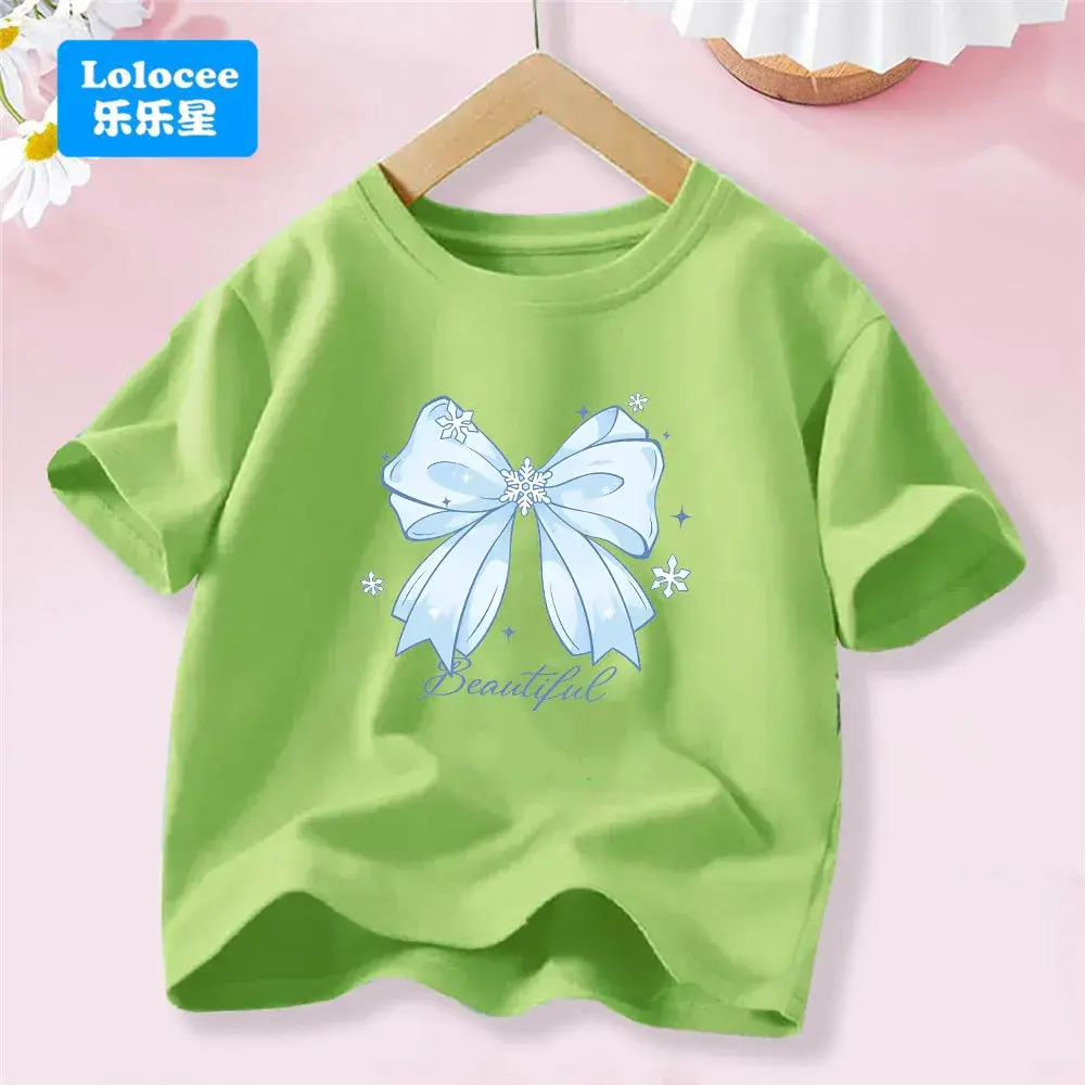 Girls' New Summer Korean Style Short Sleeve T-shirt Trendy Cute Bowknot Tee for Girls, Sweet Top for Toddlers and Young Girls