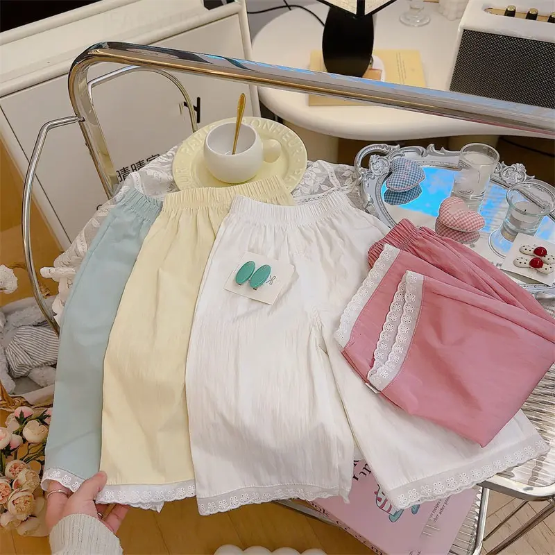 Spring Summer Thin Girls Kids Lace Splicing Casual Pants Fashion Solid Children Wide Leg Pant Simple Versatile Children Trousers