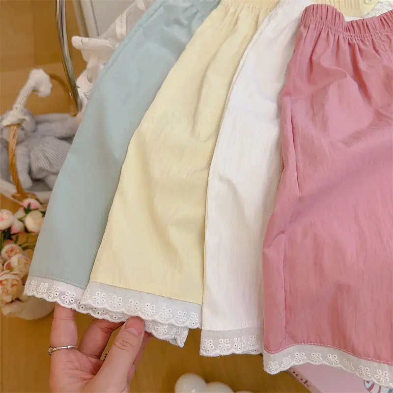 Spring Summer Thin Girls Kids Lace Splicing Casual Pants Fashion Solid Children Wide Leg Pant Simple Versatile Children Trousers