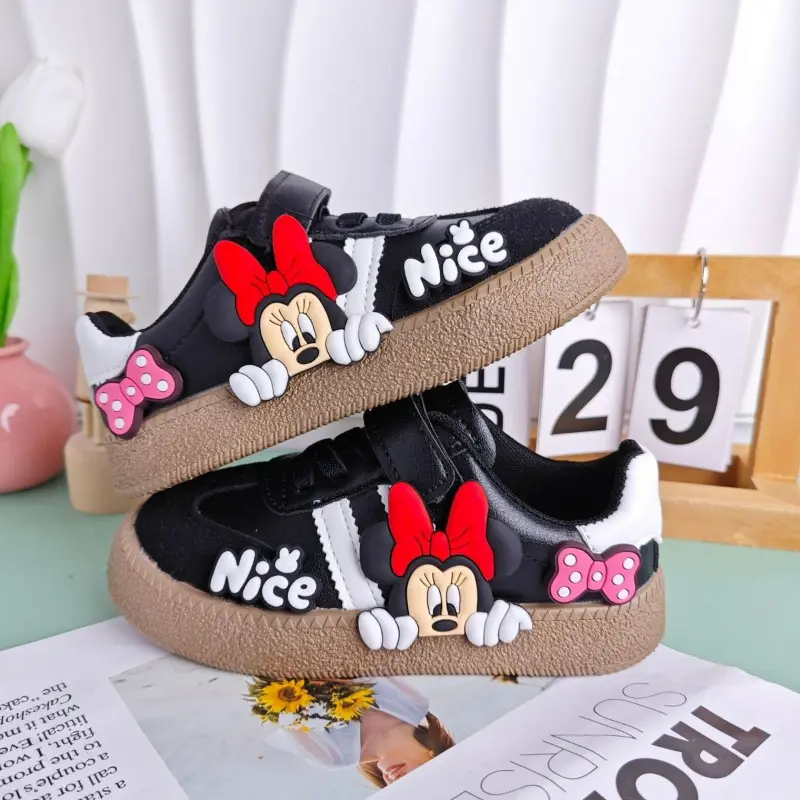 Disney Children's Casual Shoes Cute Minnie Girls Sneakers Mickey Boys Sport Shoes Anti-slip Soft Sole Kids Board Shoes Size 26-3