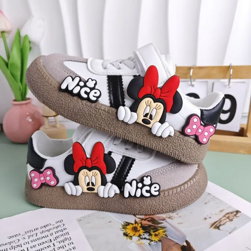Disney Children's Casual Shoes Cute Minnie Girls Sneakers Mickey Boys Sport Shoes Anti-slip Soft Sole Kids Board Shoes Size 26-3