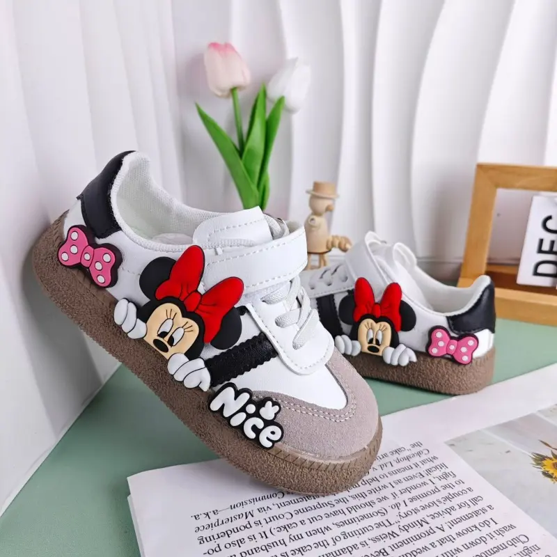 Disney Children's Casual Shoes Cute Minnie Girls Sneakers Mickey Boys Sport Shoes Anti-slip Soft Sole Kids Board Shoes Size 26-3