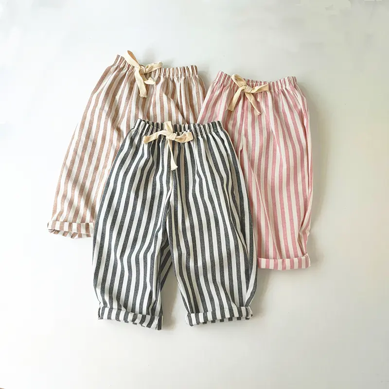 Children's Clothing Vintage Linen Cotton Stripe Pants Baby Boy Girl Casual Shorts Spring Summer Girls Loose Trousers and Shorts