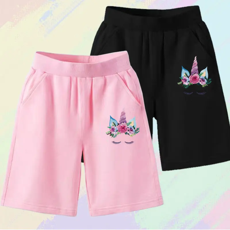 2025 Girls Summer Cat Ear Print Shorts Kids Elastic Waist Beach Short with Pocket Sports Short Pants Kids Cute Clothes 3-14y