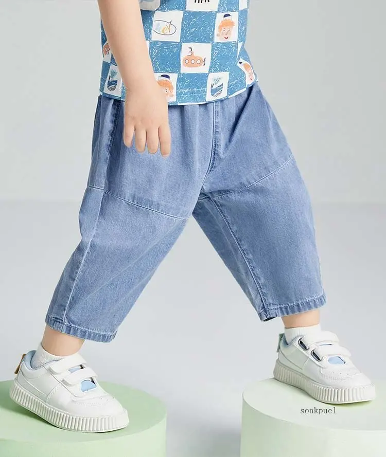 Children's Denim Pants Kids Pants Summer New Fashion Baby Boy's Girls Jeans Elastic Waist Casual Cropped Pants