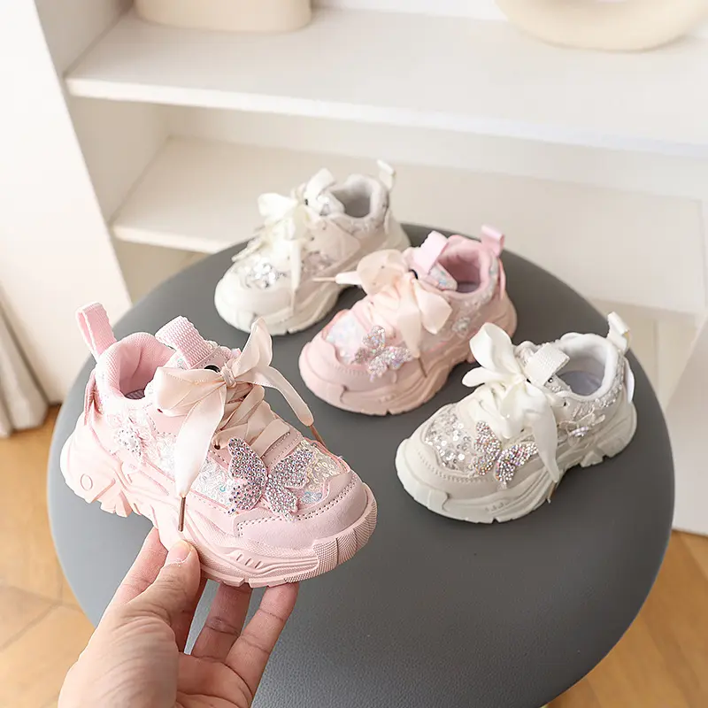1-6Y New Girls' Sports Shoes Anti Slip Soft Sole Sequin Shinny Butterfly Cute Tennis Running Shoes Princess Shoes for Baby Girls