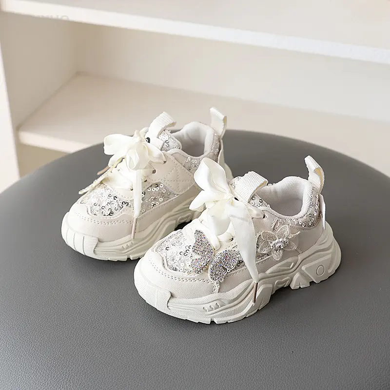 1-6Y New Girls' Sports Shoes Anti Slip Soft Sole Sequin Shinny Butterfly Cute Tennis Running Shoes Princess Shoes for Baby Girls