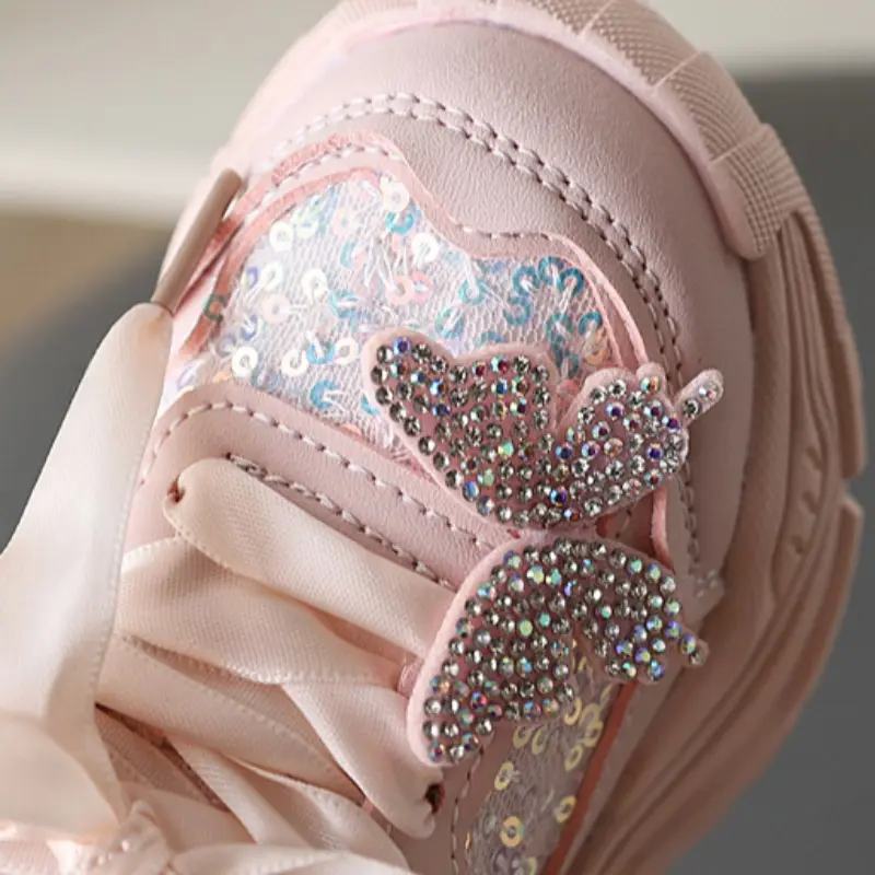 1-6Y New Girls' Sports Shoes Anti Slip Soft Sole Sequin Shinny Butterfly Cute Tennis Running Shoes Princess Shoes for Baby Girls