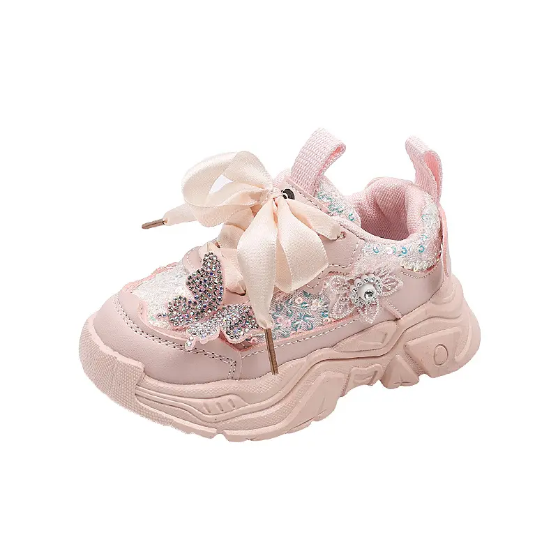 1-6Y New Girls' Sports Shoes Anti Slip Soft Sole Sequin Shinny Butterfly Cute Tennis Running Shoes Princess Shoes for Baby Girls