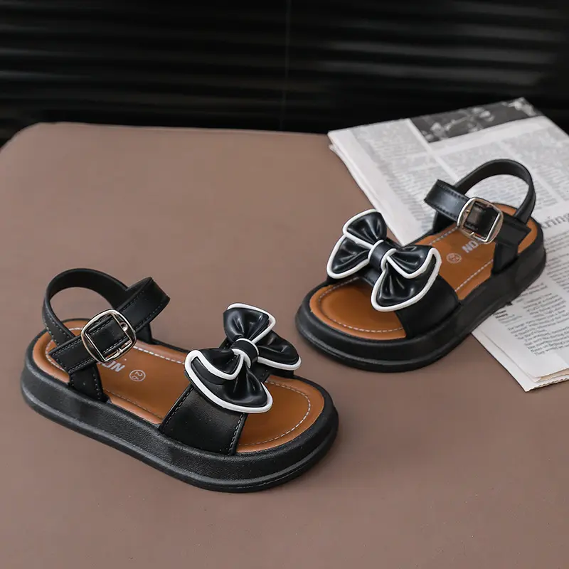 New Fashionable Girls Sandals Summer Bow Princess Sandals 3-14 Years Old Students Outside Wearing Versatile Velcro Sandals