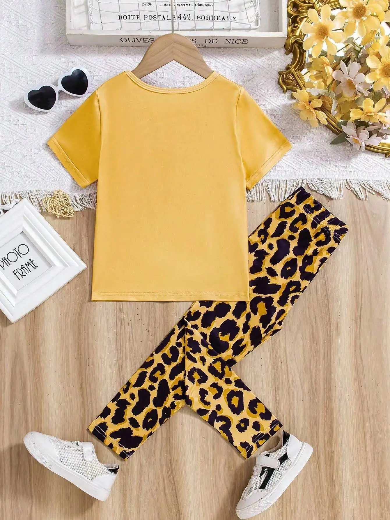 Girl's Leopard Knit 2PC Set, Casual Tee & Pants - Age 4-7Y, Spring Summer, Daily/Outdoor/Family"
