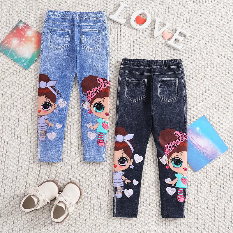 Girls' 2pcs Cute Heart & Character Print Soft Knit Leggings - Mock Denim Style - Comfy Summer Outfit