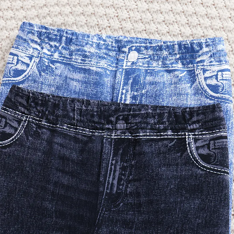 Girls' 2pcs Cute Heart & Character Print Soft Knit Leggings - Mock Denim Style - Comfy Summer Outfit