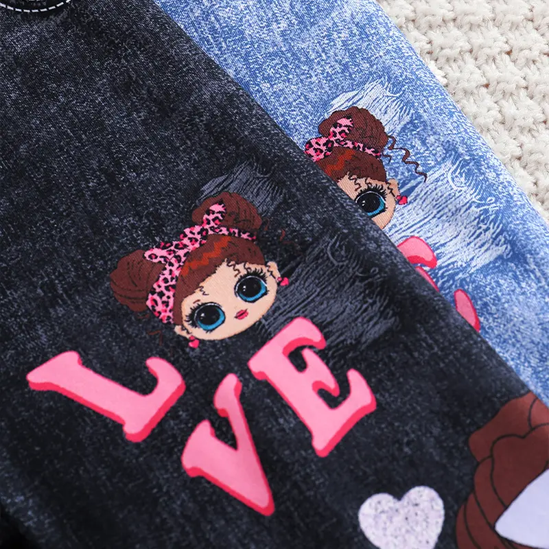 Girls' 2pcs Cute Heart & Character Print Soft Knit Leggings - Mock Denim Style - Comfy Summer Outfit