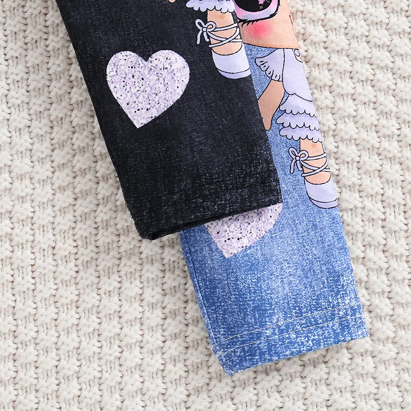 Girls' 2pcs Cute Heart & Character Print Soft Knit Leggings - Mock Denim Style - Comfy Summer Outfit