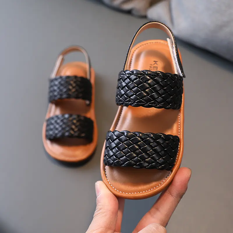 Girl Sandals Braided Open Toe Fashion Vacation Summer Children Flat Shoes Solid Color Comfy Outdoor Anti-slip Kids Sliders