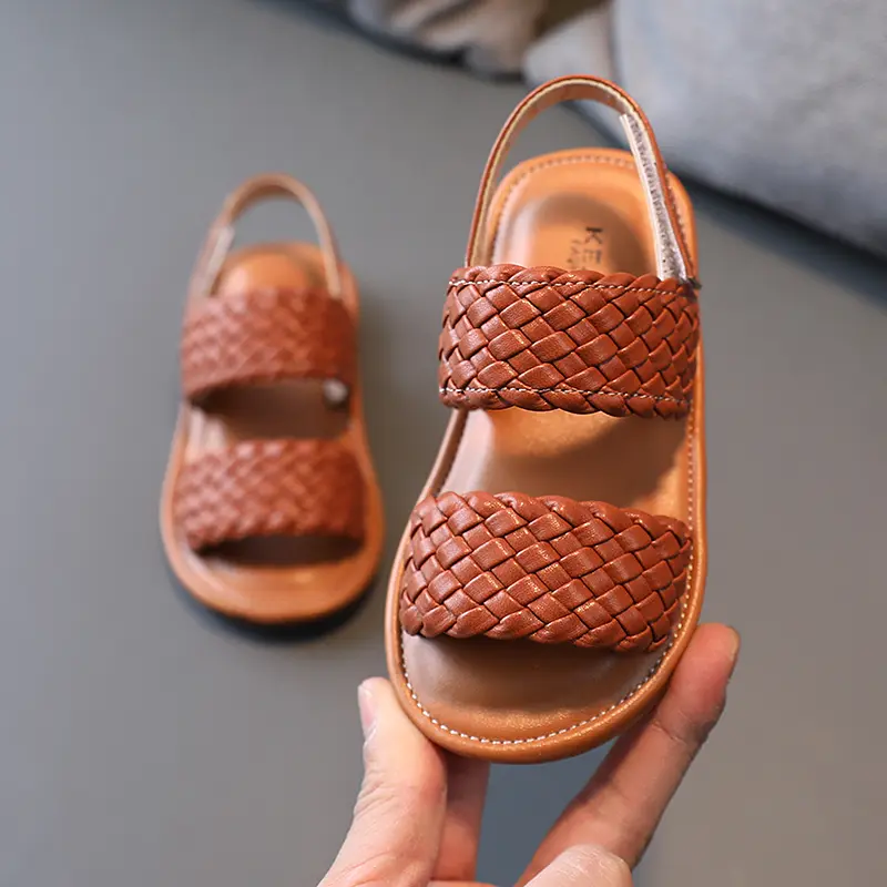 Girl Sandals Braided Open Toe Fashion Vacation Summer Children Flat Shoes Solid Color Comfy Outdoor Anti-slip Kids Sliders