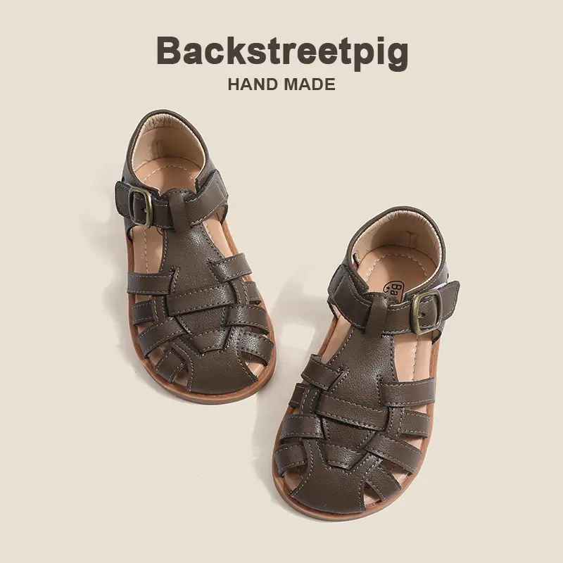Children Sandals Girl's Fashion Rome Braid Geniune Leather Sandals Anti slip soft bottom Summer Shoes Size 22-31