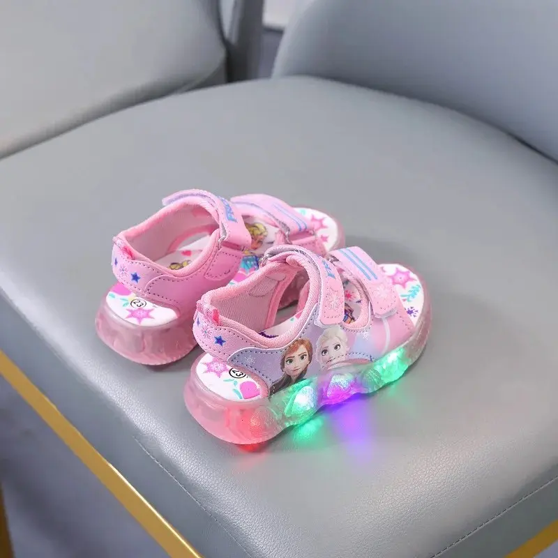 Disney Boys Girls Frozen Elsa Princess Led Light Up Luminous Sports Sandals Summer Kids Sandals Non-slip Toddler Shoes