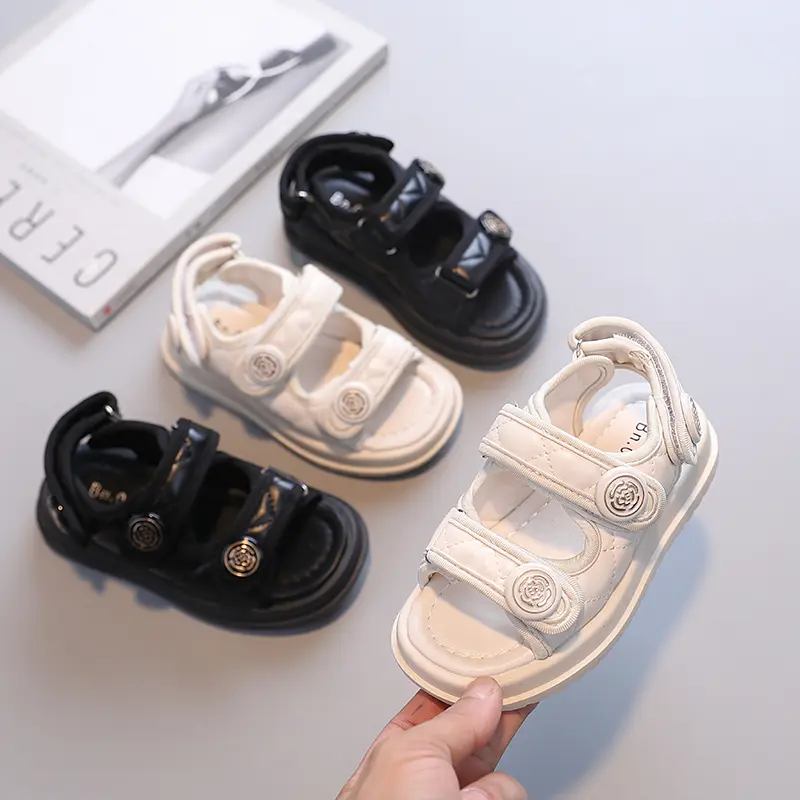 2023 Children Summer Sandals Chic Girls Casual Sandals Solid Black Kids Fashion Princess Japanese Style Classic Flowers Buckle