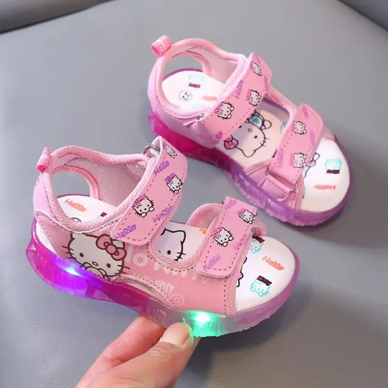 2025 Summer New Baby Girls Led Light Sandals Cute Hello Kitty Children's Casual Shoes Anti-slip Kids Beach Shoes Outdoor Shoes