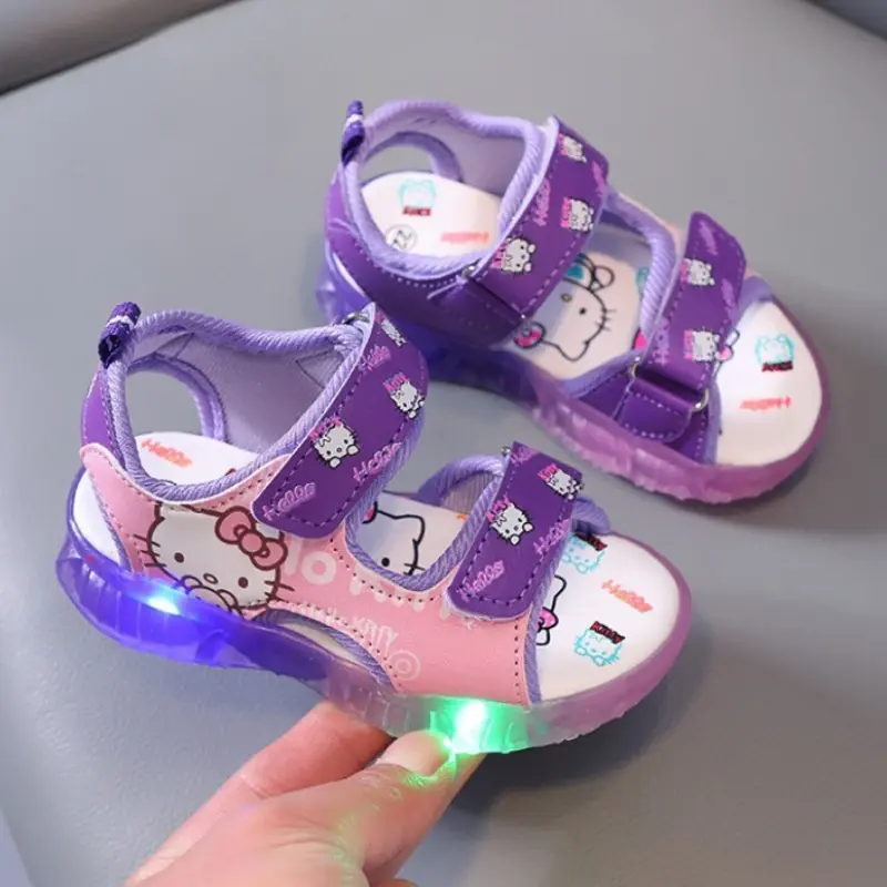 2025 Summer New Baby Girls Led Light Sandals Cute Hello Kitty Children's Casual Shoes Anti-slip Kids Beach Shoes Outdoor Shoes