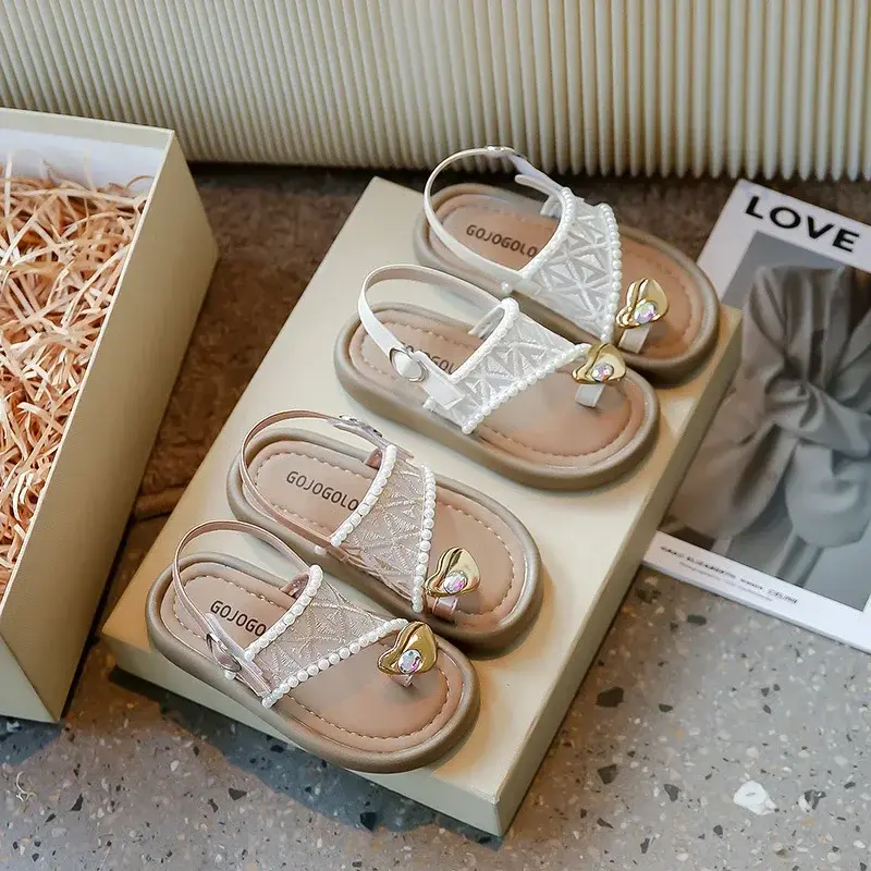 2025 Summer New Children Princess Pearl Cool Slippers for Girl Anti Slip Beach Sandals Toe Covering Casual Versatile Style Flats