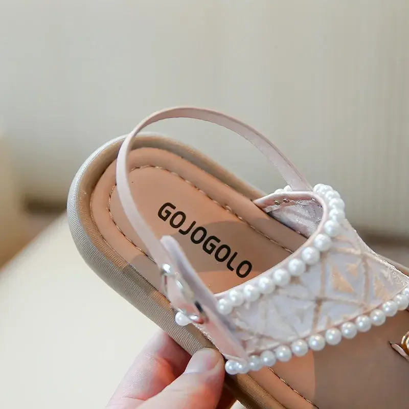 2025 Summer New Children Princess Pearl Cool Slippers for Girl Anti Slip Beach Sandals Toe Covering Casual Versatile Style Flats