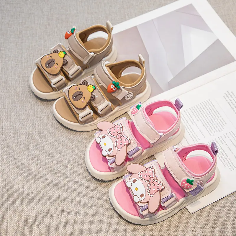 Kids'Sandals PU Leather My Melody Summer Beach Shoes For Children Peep Toe Breathable Soft Bottom Pink Khaki Shoes Size 26-37