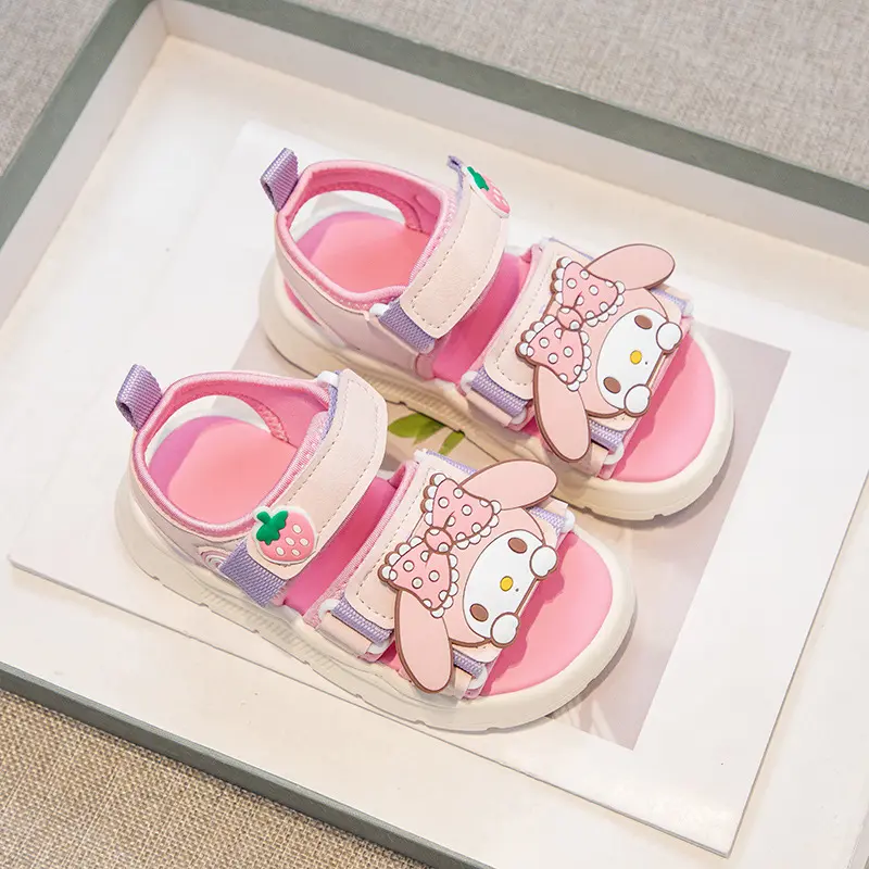 Kids'Sandals PU Leather My Melody Summer Beach Shoes For Children Peep Toe Breathable Soft Bottom Pink Khaki Shoes Size 26-37