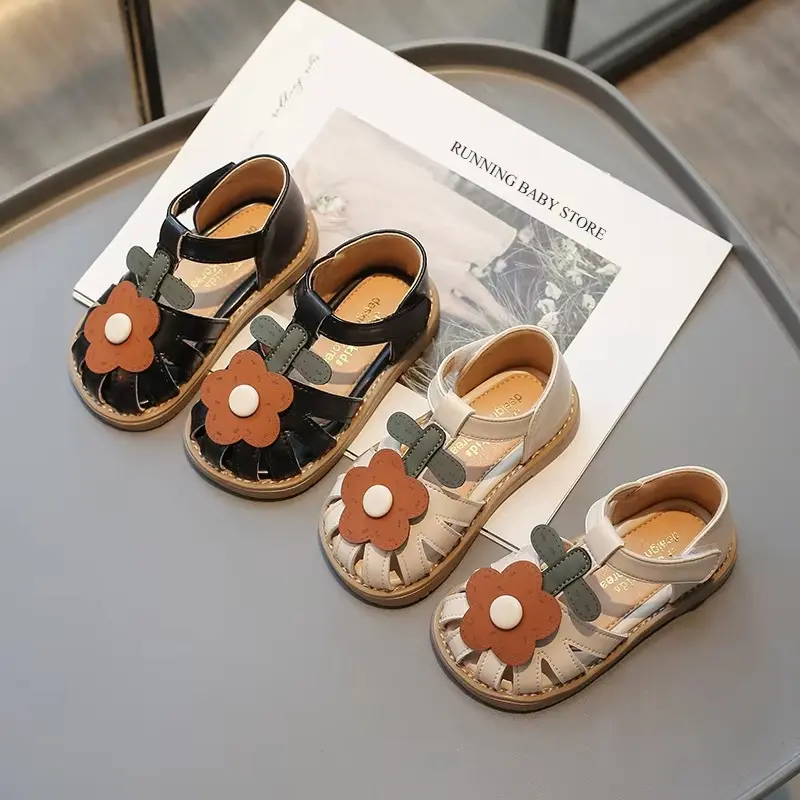 Children's Shoes Girls Sandals Beauty Large Flower Summer New Closed Toe Fashion Soft Bottom Kids Baby Girl Beach Shoes I04254