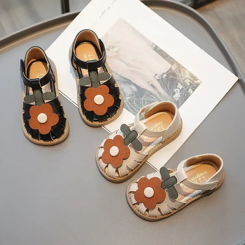 Children's Shoes Girls Sandals Beauty Large Flower Summer New Closed Toe Fashion Soft Bottom Kids Baby Girl Beach Shoes I04254