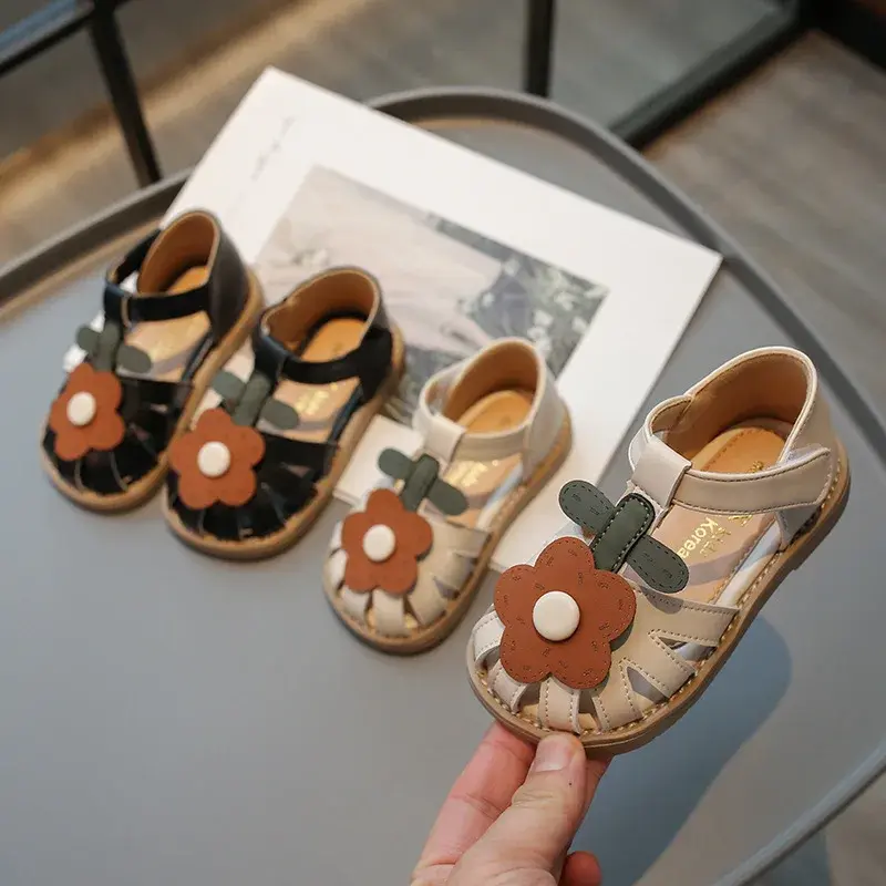 Children's Shoes Girls Sandals Beauty Large Flower Summer New Closed Toe Fashion Soft Bottom Kids Baby Girl Beach Shoes I04254