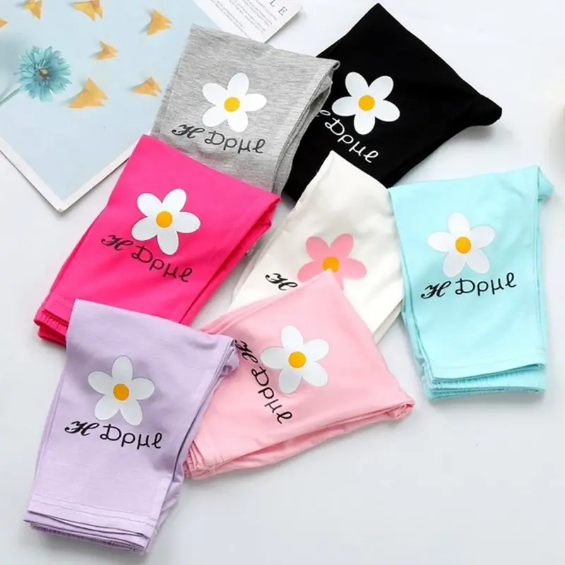 Summer Skinny Girls Leggings Flowers Pattern Black Candy Color Girl Calf-length Pants 2 To 8Y Kids Clothes