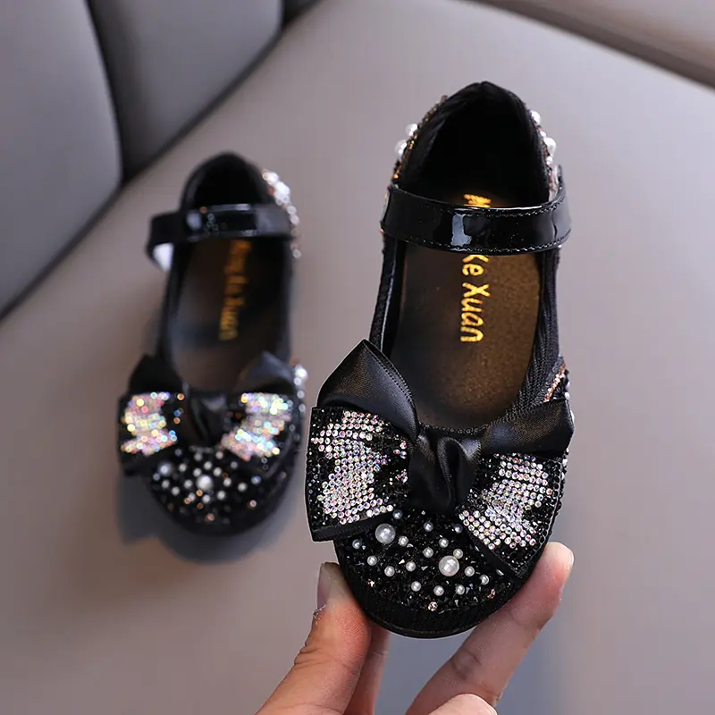 Kids Soft Flat Shoe Kids Girls Princess Leather Shoe Child Wedding Party Shoes Students Performance Girls Dance Diamonds Bowknot