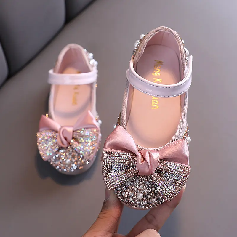 Kids Soft Flat Shoe Kids Girls Princess Leather Shoe Child Wedding Party Shoes Students Performance Girls Dance Diamonds Bowknot