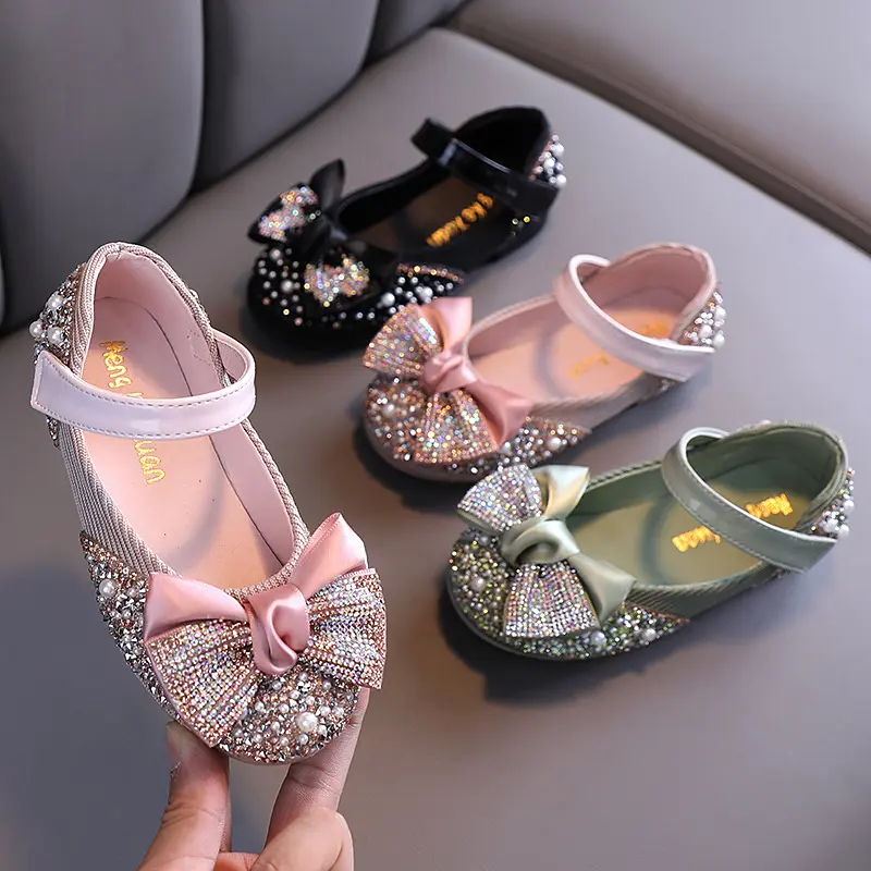 Kids Soft Flat Shoe Kids Girls Princess Leather Shoe Child Wedding Party Shoes Students Performance Girls Dance Diamonds Bowknot