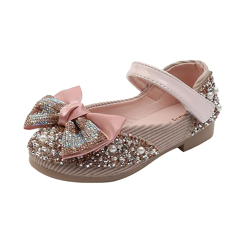 Kids Soft Flat Shoe Kids Girls Princess Leather Shoe Child Wedding Party Shoes Students Performance Girls Dance Diamonds Bowknot
