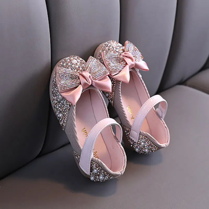 Kids Soft Flat Shoe Kids Girls Princess Leather Shoe Child Wedding Party Shoes Students Performance Girls Dance Diamonds Bowknot
