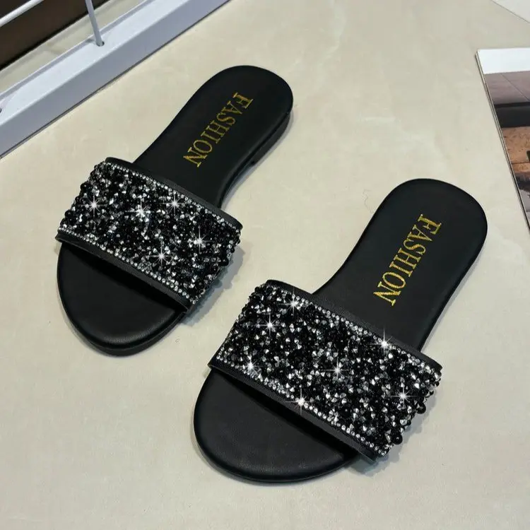 2025 New Summer Girls Sequins Slippers Anti-Slippery Fashion Children Flats Soft Sole  Princess Shiny Slippers Kids Beach Shoes