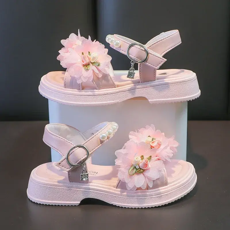 Tweed Style Princess Summer 2025 New Women's Sandals Children's Soft Bottom Beach Shoes Medium Small Children's Flower Sandals