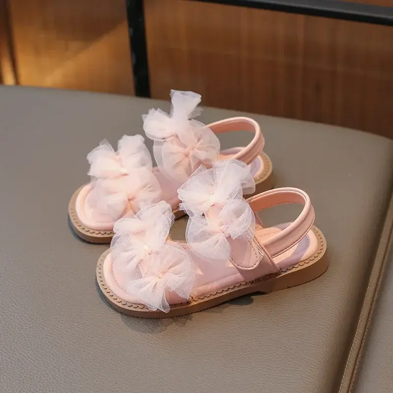 Girls Sandals Summer New Children Princess Causal Dress Sandals Fashion Open-toe Lace Bowtie Kids Flat Sandals for Wedding Party